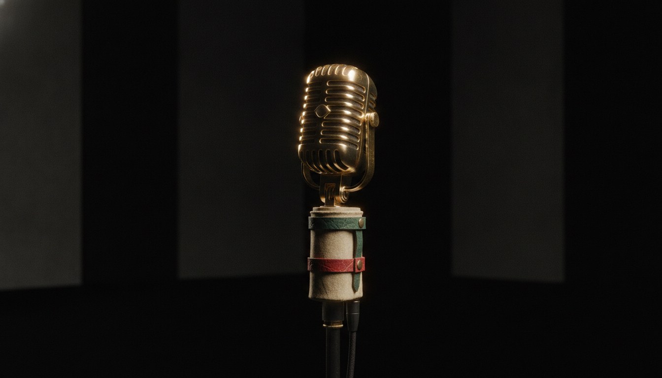 Micrófono de cinta vintage en estudio de grabación a oscuras