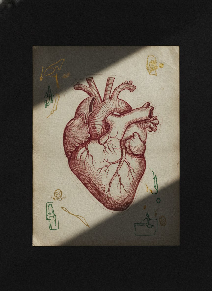Estudio anatómico del corazón humano en tinta carmín sobre pergamino