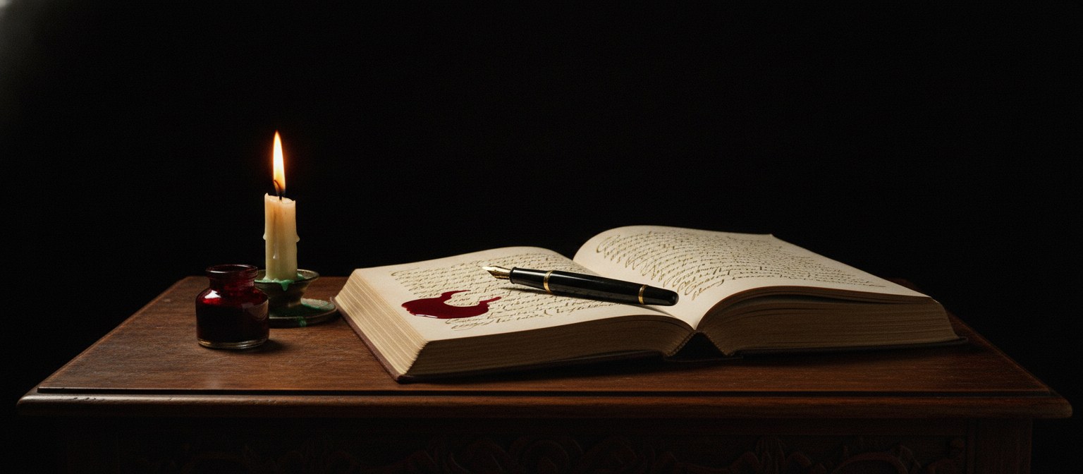 Escritorio en penumbra con un libro abierto, pluma estilográfica y tinta carmín